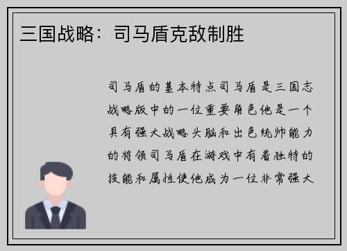三国战略：司马盾克敌制胜